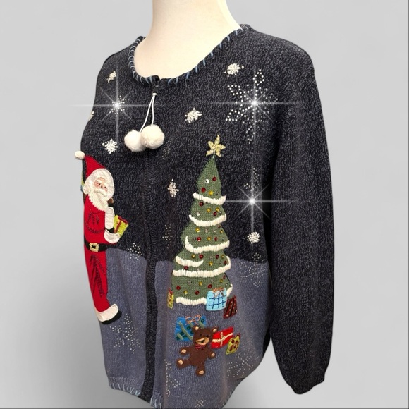 Vtg Blue Ugly Christmas Sweater Sz 1X Heavy Rhinestones Snowflakes Sparkle Santa - Picture 6 of 12